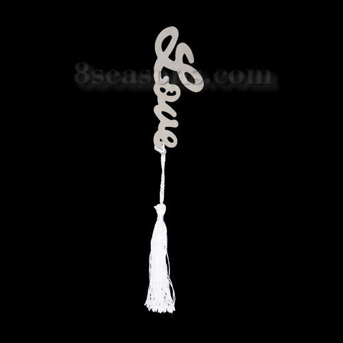 Picture of Stainless Steel Bookmark " Love " Silver Tone Tassel 87mm(3 3/8") x 40mm(1 5/8"), 1 Set