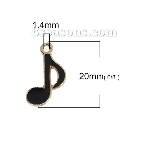 Bild von Zinklegierung Musik Charms Anhänger Musik Note Vergoldet Schwarz Emaille 20mm x 13mm, 20 Stück