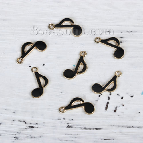 Bild von Zinklegierung Musik Charms Anhänger Musik Note Vergoldet Schwarz Emaille 20mm x 13mm, 20 Stück