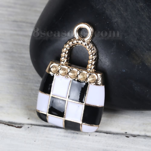 Picture of Zinc Based Alloy Charms Handbag Gold Plated Black & White Enamel 21mm( 7/8") x 13mm( 4/8"), 20 PCs