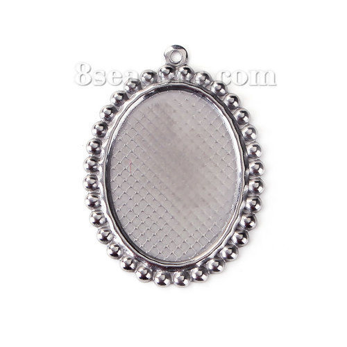 Picture of Stainless Steel Pendants Oval Silver Tone Cabochon Settings (Fits 25mm x18mm) 35mm(1 3/8") x 26mm(1"), 10 PCs