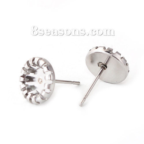 Picture of Stainless Steel Ear Post Stud Earrings Round Silver Tone Cabochon Settings (Fits 6mm Dia.) 9mm( 3/8") Dia., Post/ Wire Size: (21 gauge), 30 PCs