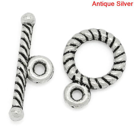 Picture of Zinc Based Alloy Toggle Clasps Round Antique Silver Color Stripe 16mm x 5mm 11mm x 9mm, 50 Sets