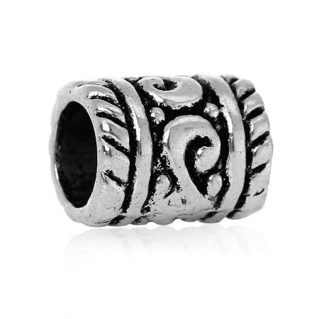 50 PCs Zinc Based Alloy European Style Large Hole Charm Beads Antique Silver Color Cylinder Carved Pattern 9mm x 7mm, Hole: Approx 4.6mm