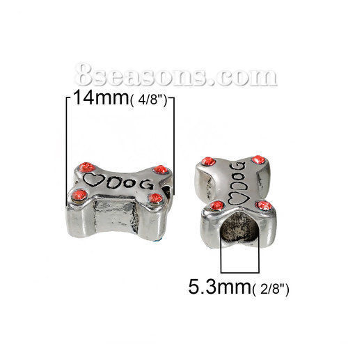 Immagine di Lega di Zinco Stile Europeo Perline Osso Argento Antico Lettere Scolpito " DOG Intagliato Rosso Strass Circa 14mm x 11mm, Foro: Circa 5.3mm, 3 Pz