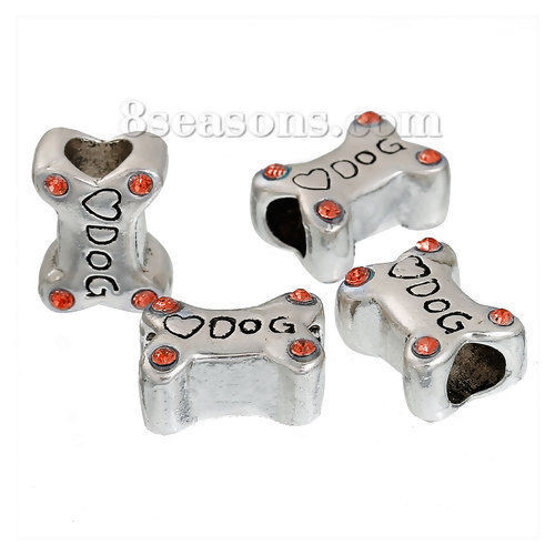 Immagine di Lega di Zinco Stile Europeo Perline Osso Argento Antico Lettere Scolpito " DOG Intagliato Rosso Strass Circa 14mm x 11mm, Foro: Circa 5.3mm, 3 Pz