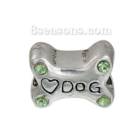 Image de Perles à Gros Trou au Style Européen en Alliage de Zinc OS Argent Vieilli Gravé Mots " DOG " à Strass Vert 14mm x 11mm, Taille de Trou: 5.3mm, 3 Pcs
