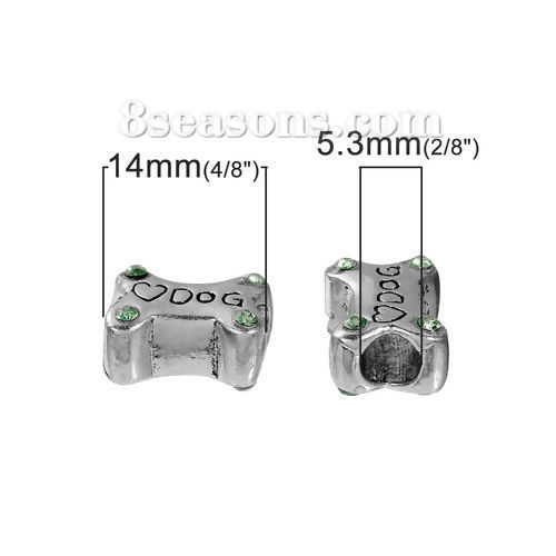 Image de Perles à Gros Trou au Style Européen en Alliage de Zinc OS Argent Vieilli Gravé Mots " DOG " à Strass Vert 14mm x 11mm, Taille de Trou: 5.3mm, 3 Pcs