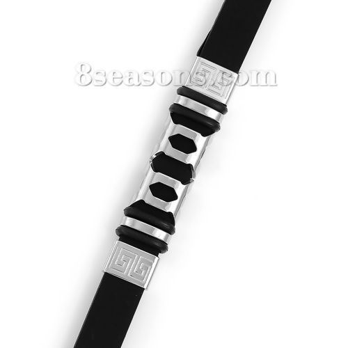 Imagen de 304 Acero Inoxiadable & Silicona Pulseras Tono de Plata Negro Patrón 22cm longitud, 1 Unidad