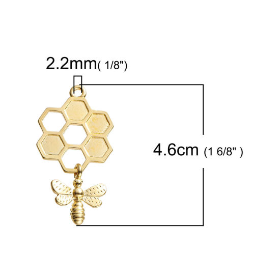 Image de Pendentifs 3D en Alliage de Zinc Alvéole d'Abeille Abeille Creux Doré 46mm x 24mm, 5 Pcs