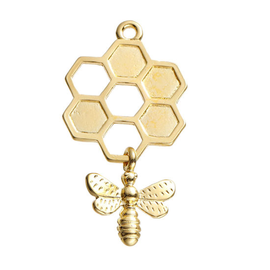 Image de Pendentifs 3D en Alliage de Zinc Alvéole d'Abeille Abeille Creux Doré 46mm x 24mm, 5 Pcs