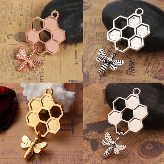 Image de Pendentifs 3D en Alliage de Zinc Alvéole d'Abeille Abeille Creux Doré 46mm x 24mm, 5 Pcs