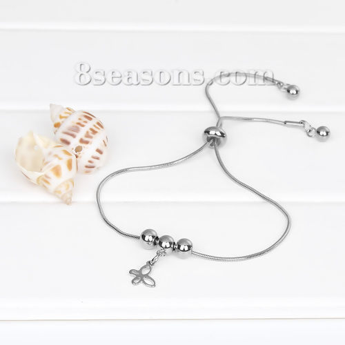 Imagen de 304 Acero Inoxidable Ajustable Slider/ Slide Pulsera Tono de Plata Ronda Mariposa 24cm longitud, 1 Unidad