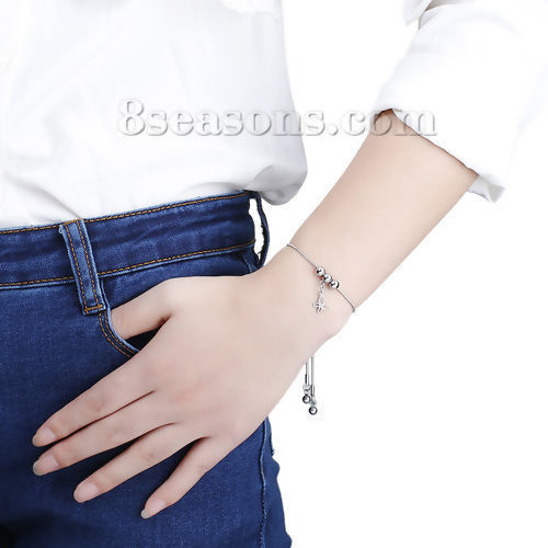 Imagen de 304 Acero Inoxidable Ajustable Slider/ Slide Pulsera Tono de Plata Ronda Mariposa 24cm longitud, 1 Unidad