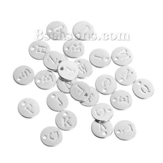 Picture of Zinc Based Alloy Charms Round Silver Plated Mixed Initial Alphabet/ Letter " A-Z " 12mm( 4/8") Dia, 26 PCs