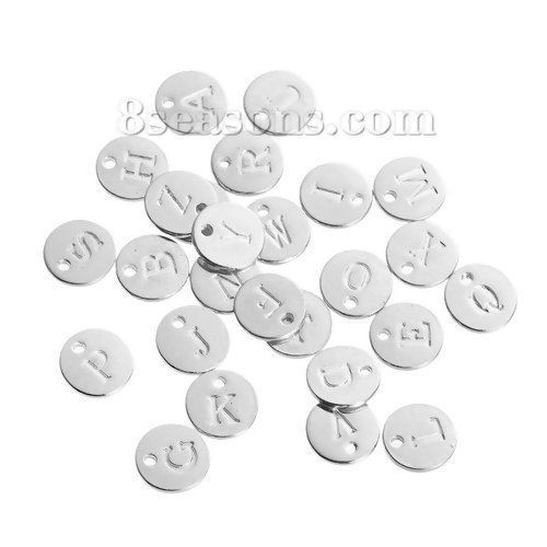 Picture of Zinc Based Alloy Charms Round Silver Plated Mixed Initial Alphabet/ Letter " A-Z " 12mm( 4/8") Dia, 26 PCs