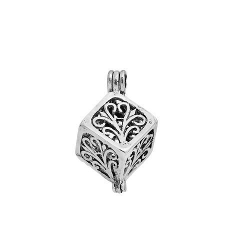 Image de Pendentif Médaillon Huile Essentielle Diffuseur en Laiton Losange Fleur Creux Pouvoir Ouvrir Argent Vieilli (Balle Compatible: 14mm Dia) 28mm x 19mm - 26mm x 18mm, 2 Pcs