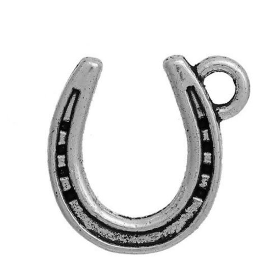 Picture of Zinc Based Alloy Charms Luck Horseshoe Antique Silver Color 13mm( 4/8") x 12mm( 4/8"), 100 PCs