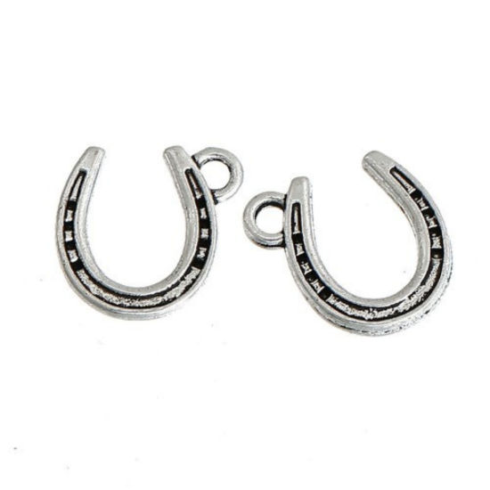 Picture of Zinc Based Alloy Charms Luck Horseshoe Antique Silver Color 13mm( 4/8") x 12mm( 4/8"), 100 PCs