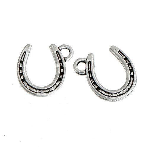 Picture of Zinc Based Alloy Charms Luck Horseshoe Antique Silver Color 13mm( 4/8") x 12mm( 4/8"), 100 PCs