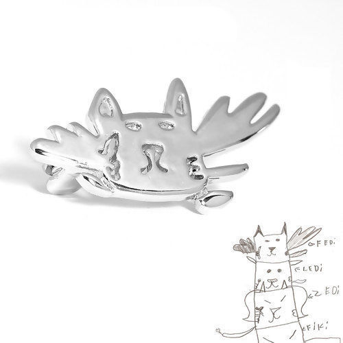 Picture of Brass Kids Art Doodles Children Drawing Jewelry Pin Brooches Cat Animal Wing Silver Tone 30mm(1 1/8") x 15mm( 5/8"), 2 PCs                                                                                                                                    