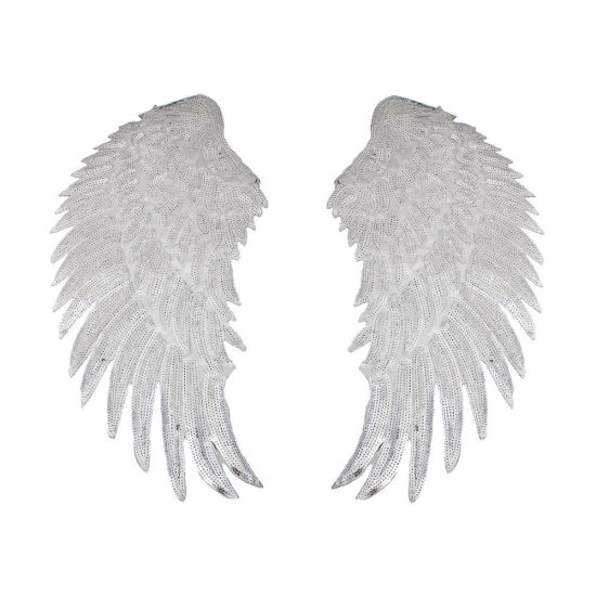 Polyester Appliques DIY Scrapbooking Craft Wing Silver Wing Pattern Sequins 33cm(13") x 18cm(7 1/8"), 1 Pair の画像