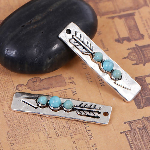 Picture of Zinc Based Alloy Boho Chic Pendants Rectangle Antique Silver Color Blue Arrowhead Imitation Turquoise 43mm(1 6/8") x 10mm( 3/8"), 3 PCs
