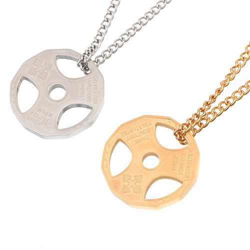 チタン ネックレス シルバートーン バーベルプレート メッセージ彫刻 円形 56.5cm長さ、 1 本 の画像
