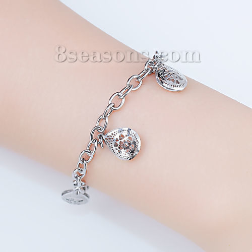 Immagine di 304 Acciaio Inossidabile Braccialetti Tono Argento Goccia Cuore Filigrana lunghezza: 20cm, 1 Pz
