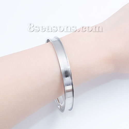 Bild von 304 Edelstahl Offen Manschette Haargummi Armband Silberfarbe Rund 22cm lang, 1 Stück