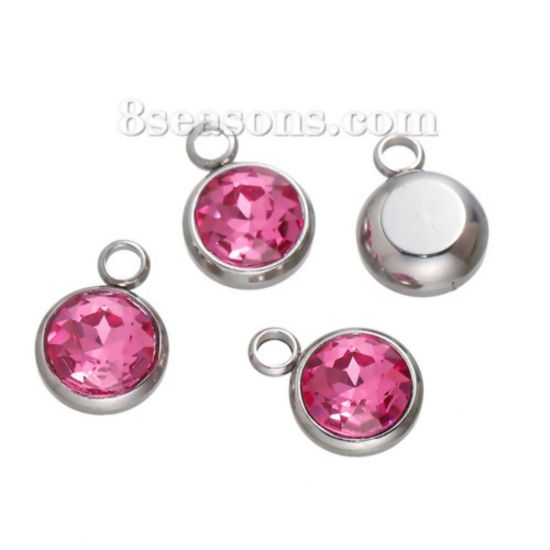 Image de Breloques Pierre de Naissance Juillet en 304 Acier Inoxydable Rond A Facettes Argent Mat à Strass Fuchsia 14mm x 10mm, 1 Pièce