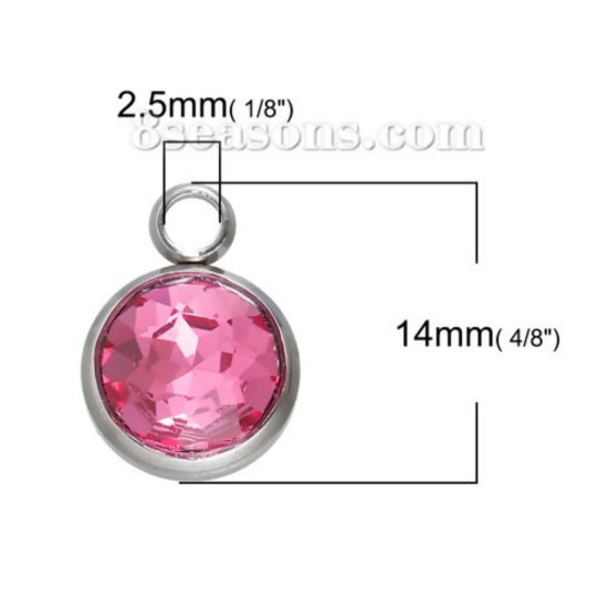 Image de Breloques Pierre de Naissance Juillet en 304 Acier Inoxydable Rond A Facettes Argent Mat à Strass Fuchsia 14mm x 10mm, 1 Pièce