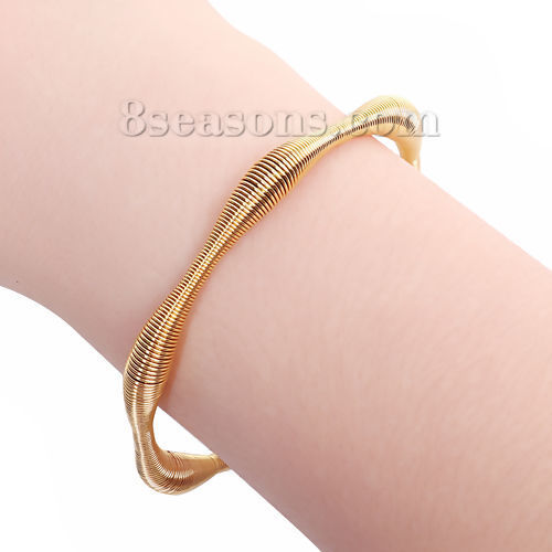 Imagen de 304 Acero Inoxidable Abierta Cuff Brazaletes Pulseras Chapado en Oro Ola Elástico 17.5cm longitud, 1 Unidad
