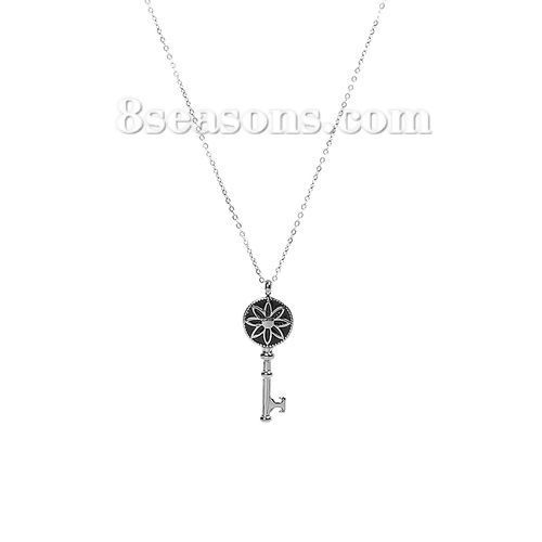 Image de Colliers en 304 Acier Inoxydable Clé Fleurs Argent Mat Noir Email 46cm long, 1 Pièce