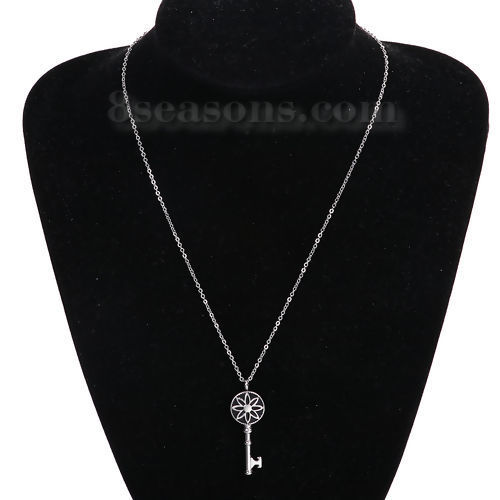 Image de Colliers en 304 Acier Inoxydable Clé Fleurs Argent Mat Noir Email 46cm long, 1 Pièce