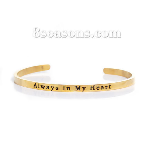Immagine di 304 Acciaio Inossidabile Positive Energie Aprire Braccialetti Oro Placcato Lettere " Always In My Heart " lunghezza: 17cm, 1 Pz