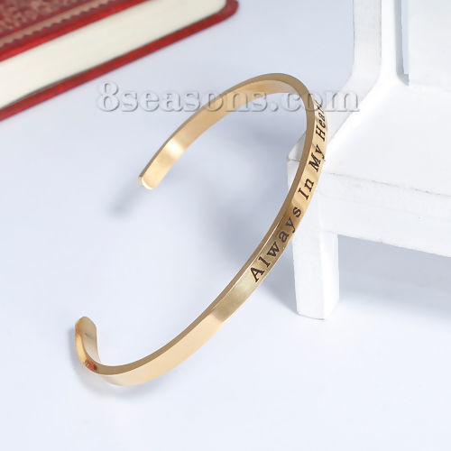 Immagine di 304 Acciaio Inossidabile Positive Energie Aprire Braccialetti Oro Placcato Lettere " Always In My Heart " lunghezza: 17cm, 1 Pz