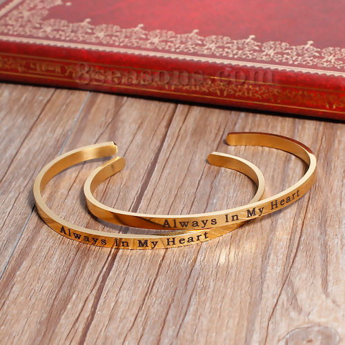 Immagine di 304 Acciaio Inossidabile Positive Energie Aprire Braccialetti Oro Placcato Lettere " Always In My Heart " lunghezza: 17cm, 1 Pz