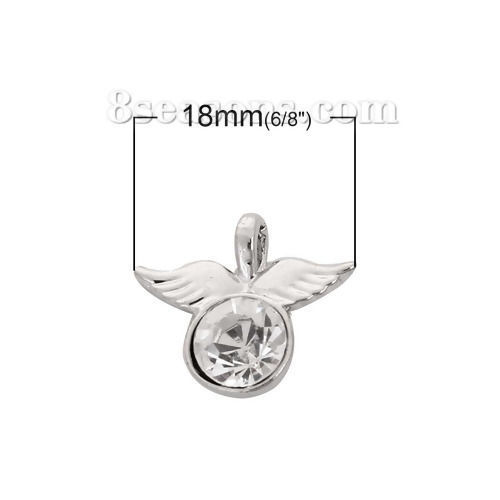Bild von 20 Stück Zinklegierung Charms Silberfarbe Flügel Transparent Strass 18mm x 16mm