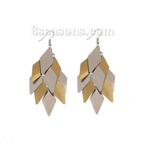 Imagen de 304 Acero Inoxidable Paillette Sequin Pendientes Chapado en Oro Tono de Plata Diamond 91mm x 28mm, Post/ Wire Size: (21 gauge), 1 Par
