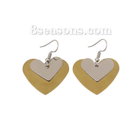 304 Stainless Steel Paillette Sequin Earrings Gold Plated Silver Tone Heart 44mm(1 6/8") x 35mm(1 3/8"), Post/ Wire Size: (21 gauge), 1 Pair