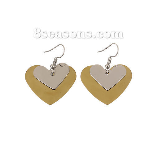 Imagen de 304 Acero Inoxidable Paillette Sequin Pendientes Chapado en Oro Tono de Plata Corazón 44mm x 35mm, Post/ Wire Size: (21 gauge), 1 Par
