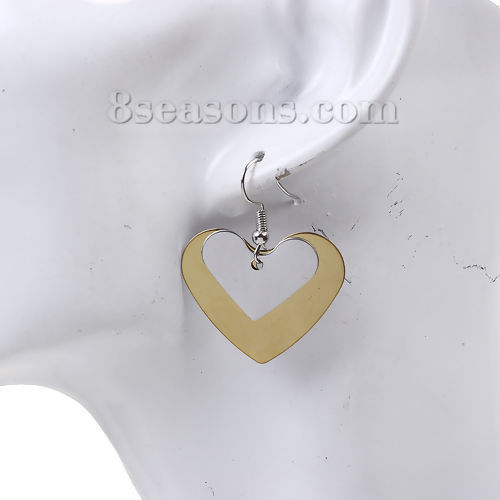 Imagen de 304 Acero Inoxidable Paillette Sequin Pendientes Chapado en Oro Tono de Plata Corazón 44mm x 35mm, Post/ Wire Size: (21 gauge), 1 Par