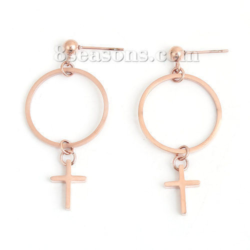Immagine di 316 Acciaio inossidabile Orecchini a Perno Oro Rosa Anello Croce 43mm x 20mm, Posta / Filo Dimensione: (21 misura), 1 Paio