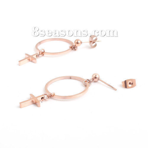 Immagine di 316 Acciaio inossidabile Orecchini a Perno Oro Rosa Anello Croce 43mm x 20mm, Posta / Filo Dimensione: (21 misura), 1 Paio