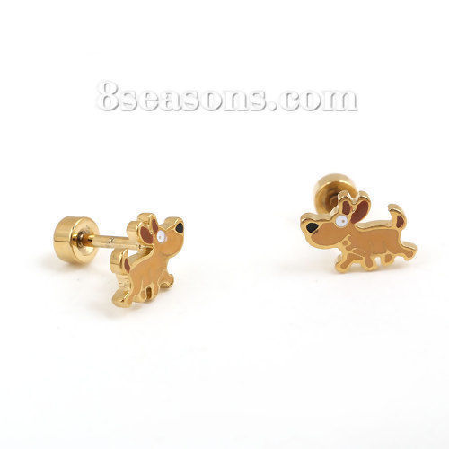 304ステンレス鋼 イヤリング 金メッキ オレンジ色 犬 エナメル 10mm x 7mm、 ワイヤーサイズ: （17号）、 1 ペア の画像