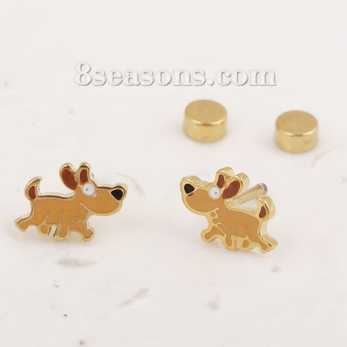 304ステンレス鋼 イヤリング 金メッキ オレンジ色 犬 エナメル 10mm x 7mm、 ワイヤーサイズ: （17号）、 1 ペア の画像