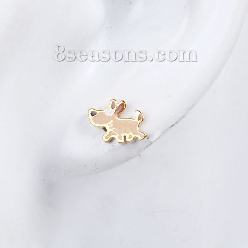 304ステンレス鋼 イヤリング 金メッキ オレンジ色 犬 エナメル 10mm x 7mm、 ワイヤーサイズ: （17号）、 1 ペア の画像