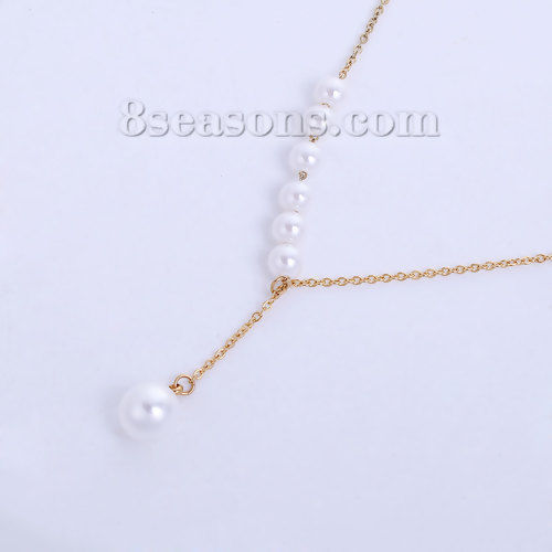 Image de Colliers en 304 Acier Inoxydable Perles Imitées Doré Blanc 43.5cm Long, 1 Pièce