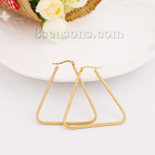 Imagen de 304 Acero Inoxidable Pendientes Círculos Chapado en Oro Triángulo 46mm x 42mm, Post/ Wire Size: (17 gauge), 1 Par